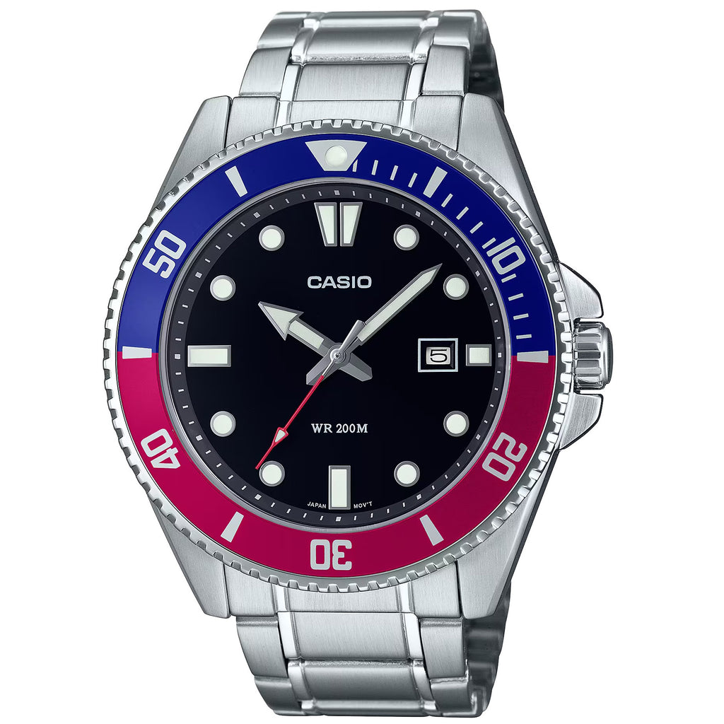 Casio Silver Red/Black Men's Stainless Steel 200m Divers Watch MDV-107D-1A3V