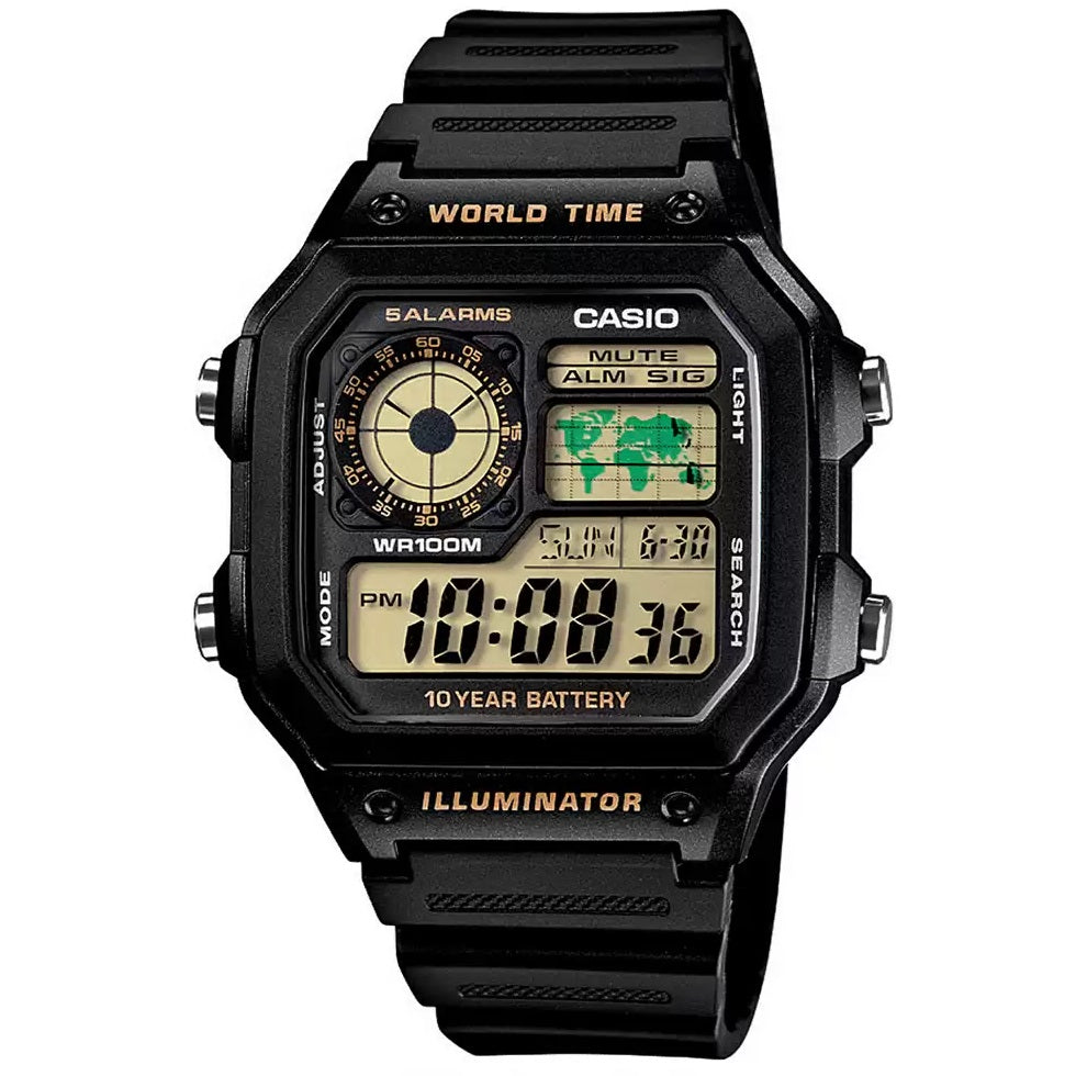 Casio Black Youth Series World Time Unisex Digital Sports Watch AE-1200WH-1B