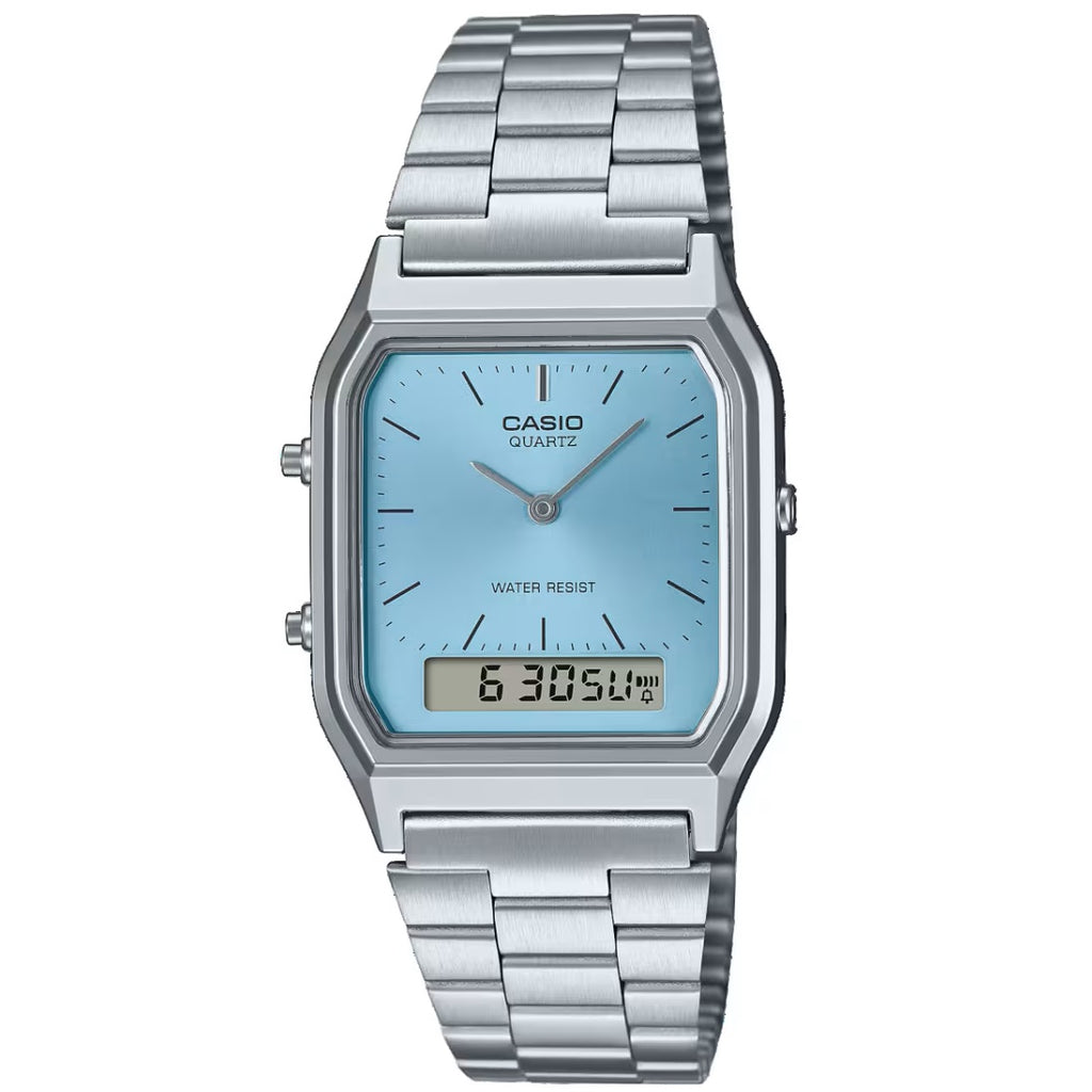 Casio Retro Stainless Steel Turquoise Blue Dial Digital Analog Watch AQ-230A-2A1