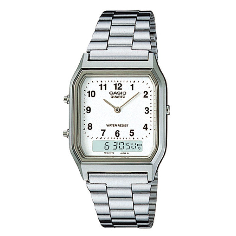 Casio AQ-230A-7B Retro Stainless Steel White Dial Digital Analog Watch