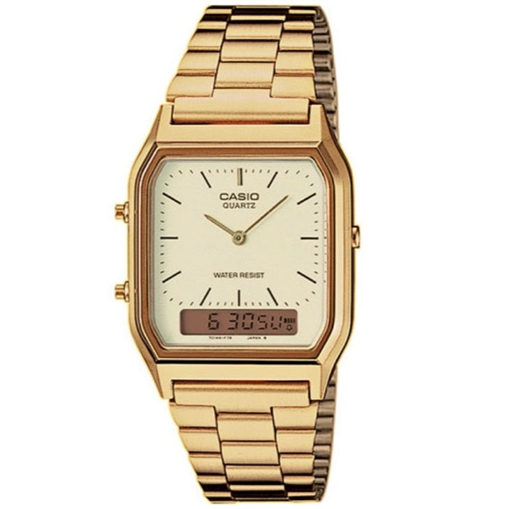 Casio AQ-230GA-9D Gold Dual Time Unisex Retro Digital Analog Watch