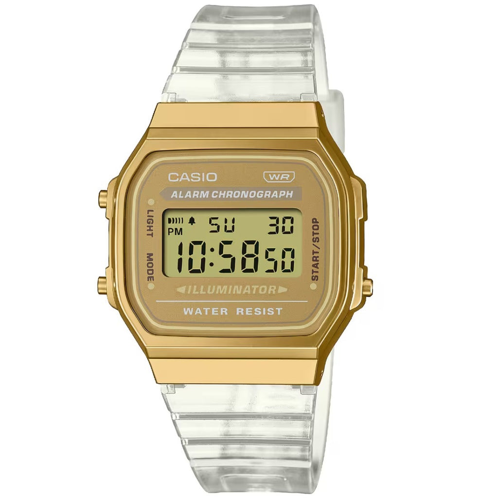 Casio Transparent/Gold Unisex Multifunction Retro Digital Watch A168XESG-9A