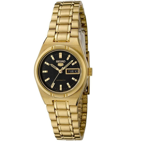 Seiko 5 Gold Tone/Black Dial Women's Automatic Analog Dress Watch SYM602K1