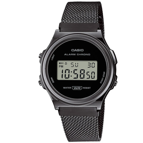 Casio Dark Grey Mesh Strap Retro Stainless Steel Unisex Digital Watch A171WEMB-1A