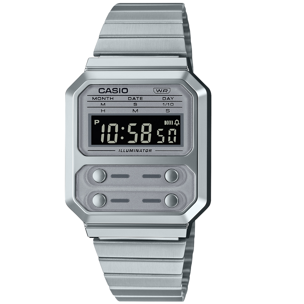Casio Silver Retro Style Unisex Multifunction Digital Watch A100WE-7B