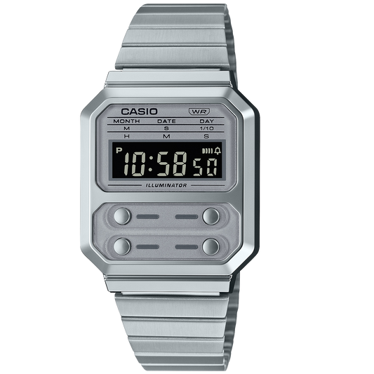 Casio Silver Retro Style Unisex Multifunction Digital Watch A100WE-7B