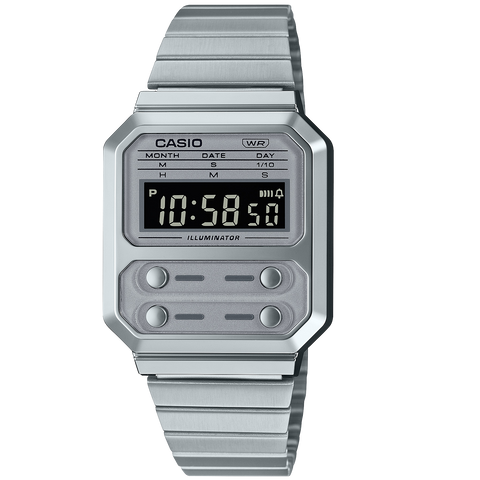 Casio Silver Retro Style Unisex Multifunction Digital Watch A100WE-7B