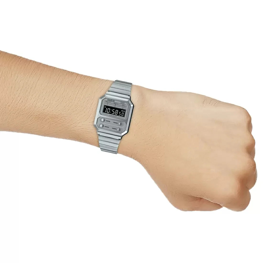 Casio Silver Retro Style Unisex Multifunction Digital Watch A100WE-7B