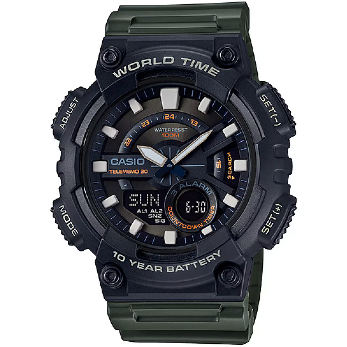 Casio Black Green Men's 100m Digital Analog Sports Watch AEQ-110W-3AV