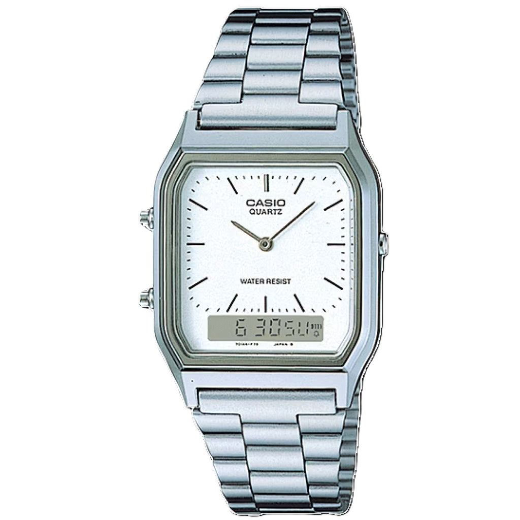 Casio Stainless Steel Retro Style White Face Analog Digital Watch AQ-230A-7D