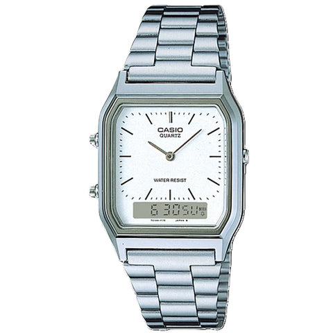 Casio Stainless Steel Retro Style White Face Analog Digital Watch AQ-230A-7D