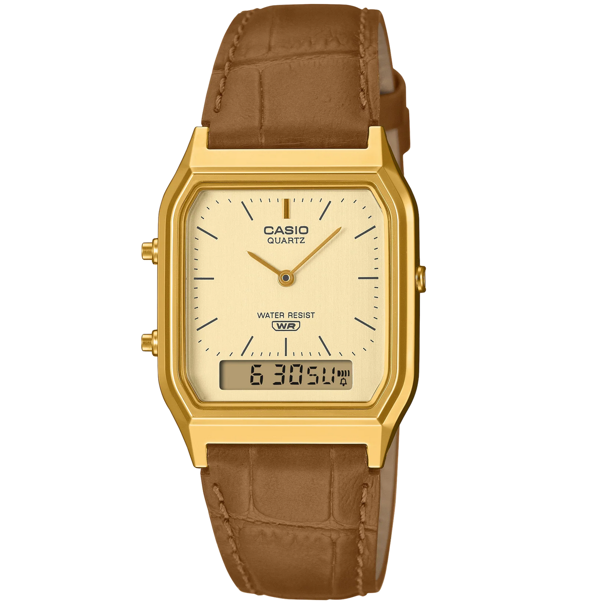 Casio Gold/Brown Leather Strap Retro Style Digital Analog Watch AQ-230EGL-9A