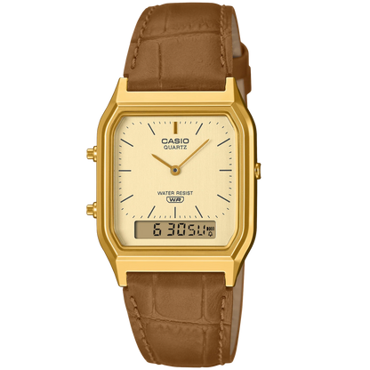 Casio Gold/Brown Leather Strap Retro Style Digital Analog Watch AQ-230EGL-9A