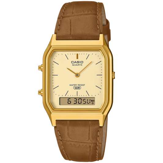 Casio Gold/Brown Leather Strap Retro Style Digital Analog Watch AQ-230EGL-9A