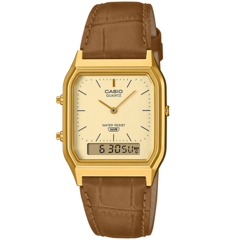 Casio Gold/Brown Leather Strap Retro Style Digital Analog Watch AQ-230EGL-9A