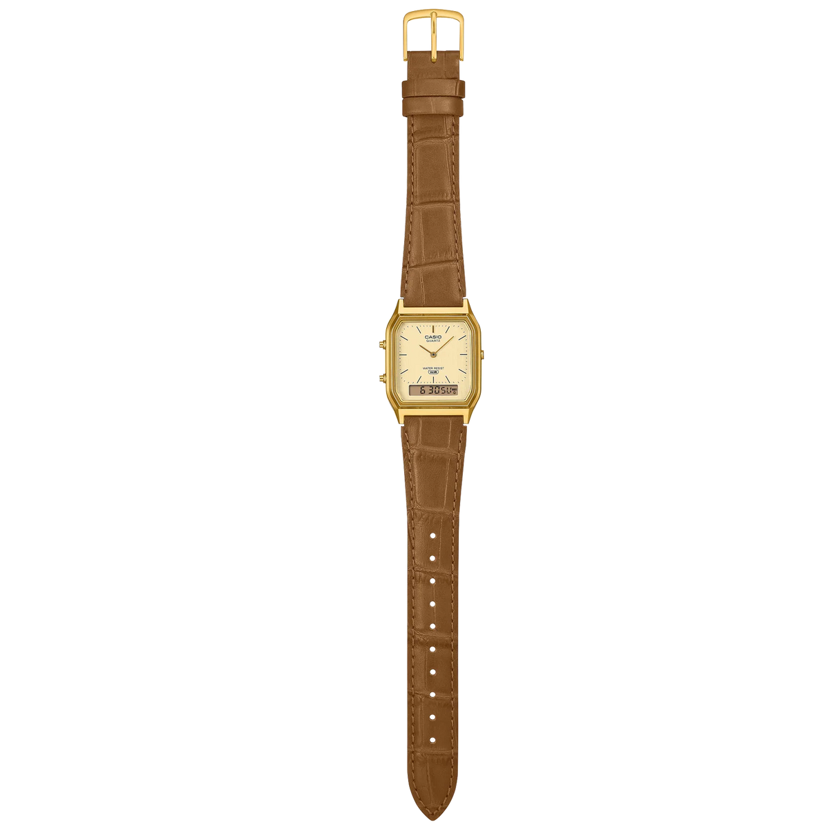 Casio Gold/Brown Leather Strap Retro Style Digital Analog Watch AQ-230EGL-9A