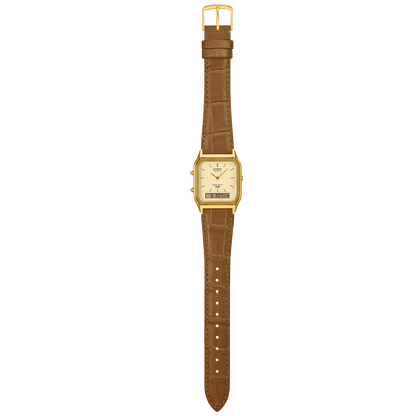 Casio Gold/Brown Leather Strap Retro Style Digital Analog Watch AQ-230EGL-9A