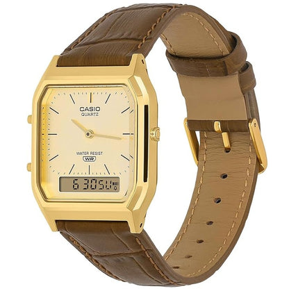 Casio Gold/Brown Leather Strap Retro Style Digital Analog Watch AQ-230EGL-9A