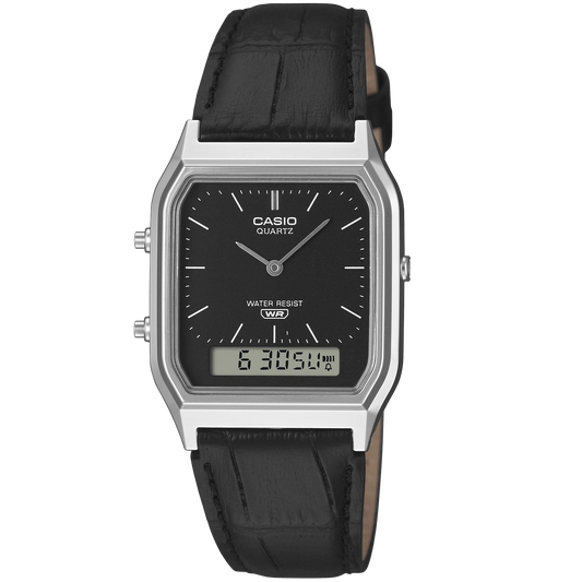 Casio Silver/Black Leather Strap Retro Style Digital Analog Watch AQ-230EL-1A