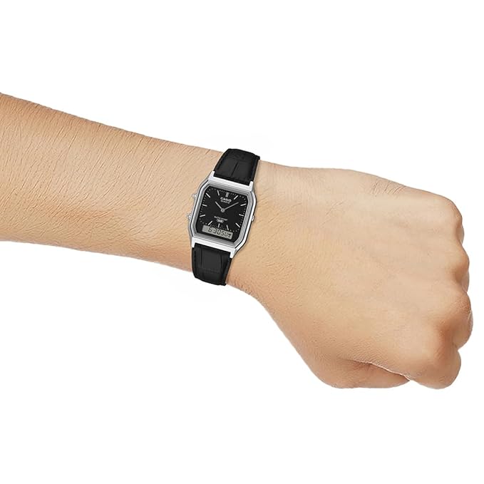 Casio Silver/Black Leather Strap Retro Style Digital Analog Watch AQ-230EL-1A