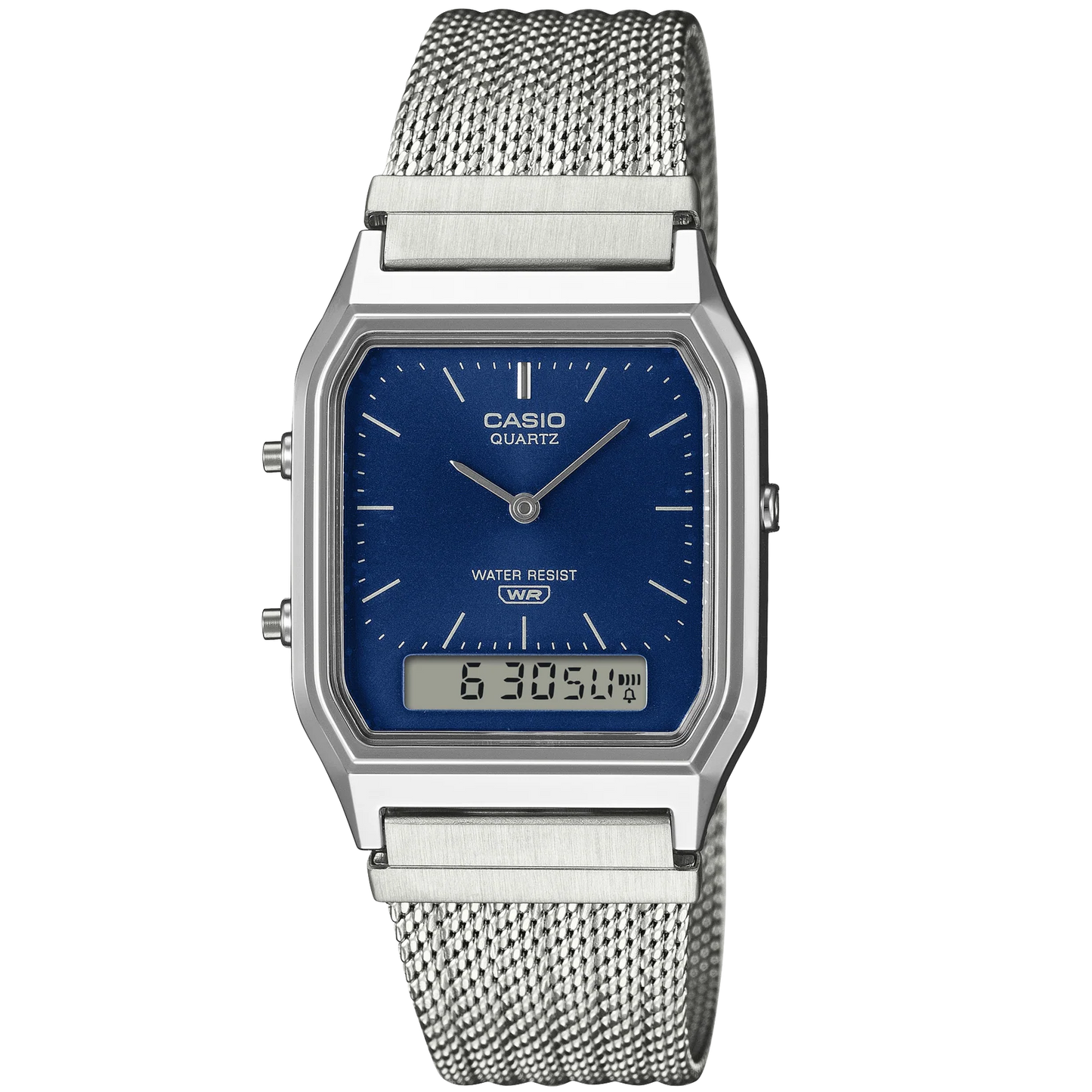 Casio Silver/Blue Mesh Band Retro Style Digital Analog Watch AQ-230EM-2A