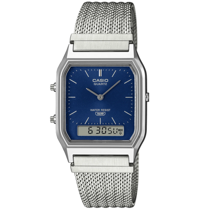 Casio Silver/Blue Mesh Band Retro Style Digital Analog Watch AQ-230EM-2A