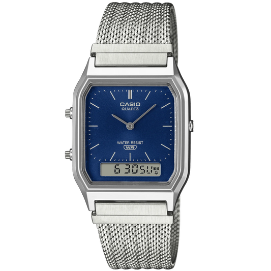 Casio Silver/Blue Mesh Band Retro Style Digital Analog Watch AQ-230EM-2A