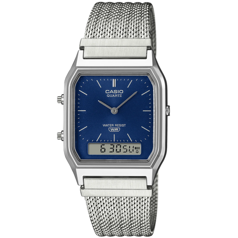 Casio Silver/Blue Mesh Band Retro Style Digital Analog Watch AQ-230EM-2A
