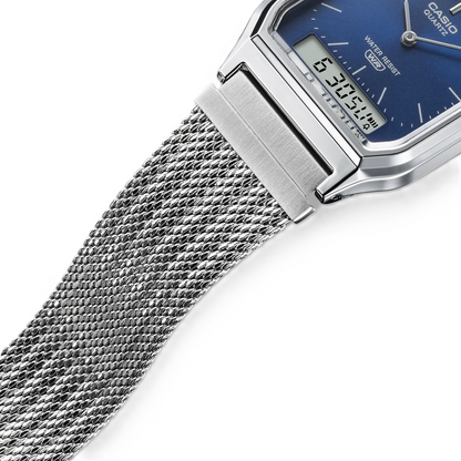 Casio Silver/Blue Mesh Band Retro Style Digital Analog Watch AQ-230EM-2A