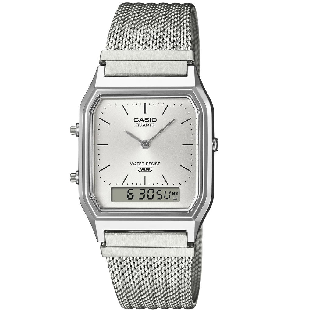 Casio Silver Dial/Mesh Band Retro Style Digital Analog Watch AQ-230EM-7A