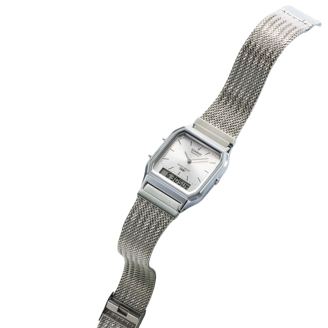 Casio Silver Dial/Mesh Band Retro Style Digital Analog Watch AQ-230EM-7A