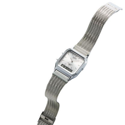 Casio Silver Dial/Mesh Band Retro Style Digital Analog Watch AQ-230EM-7A