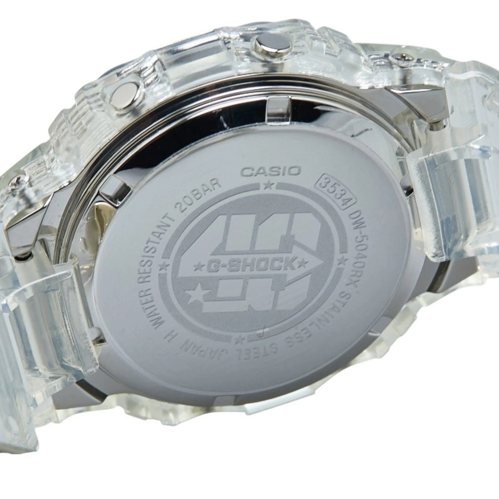 Back view of a Casio G-Shock watch with clear case and silver accents. Case back designed by the legendary New York graffiti artist Eric Haze.