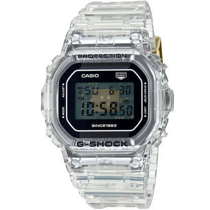 DW-5040RX-7ER 40th Anniversary Clear Remix  Casio G-Shock digital watch with a transparent clear resin case and band, featuring a black face and digital display.
