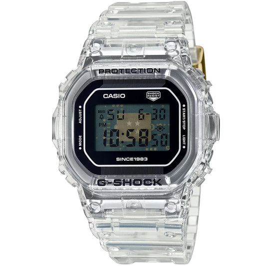 DW-5040RX-7ER 40th Anniversary Clear Remix  Casio G-Shock digital watch with a transparent clear resin case and band, featuring a black face and digital display.