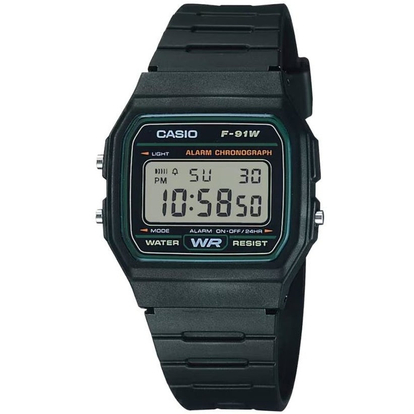 Casio F-91W-3 Black & Green Classic Digital Unisex Watch with Alarm & Stopwatch