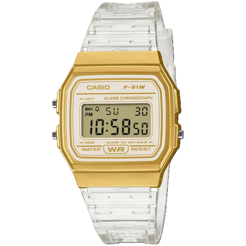 Casio Gold/Transparent Strap Classic Unisex Digital Watch F-91WS-7A2