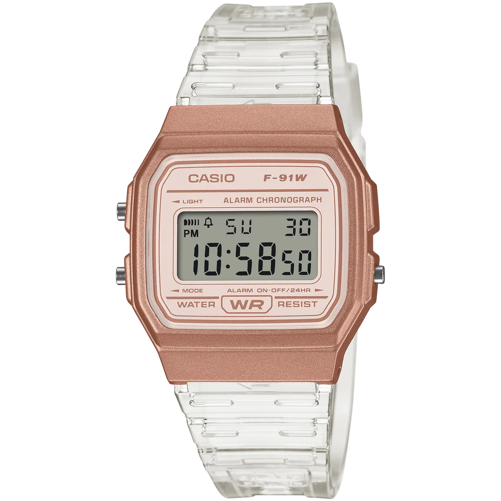 Casio Rose Gold/Transparent Strap Classic Unisex Digital Watch F-91WS-7A3
