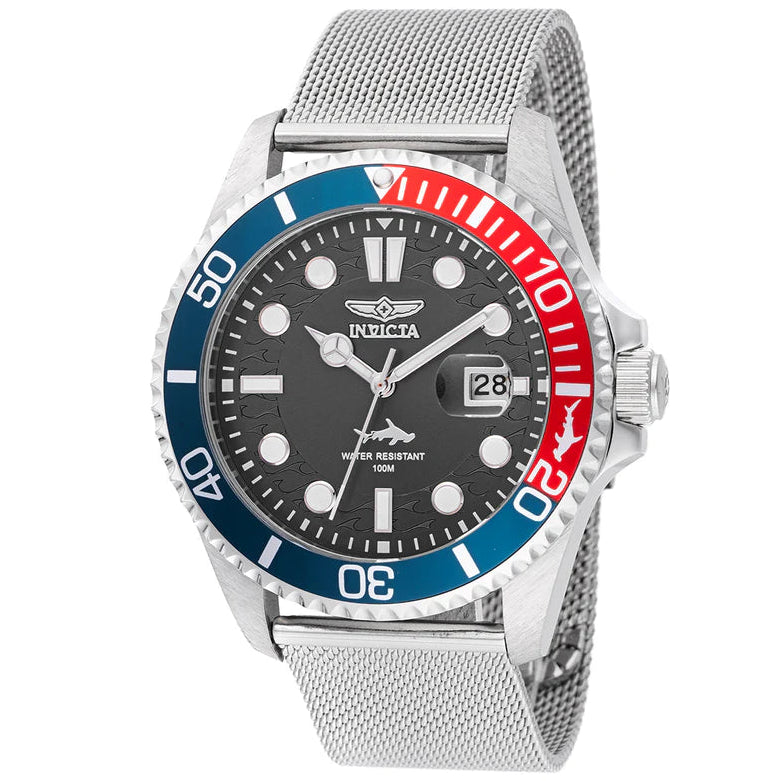Invicta Pro Diver Silver Mesh/Blue Red Men's 100m Steel Quartz Watch 47176