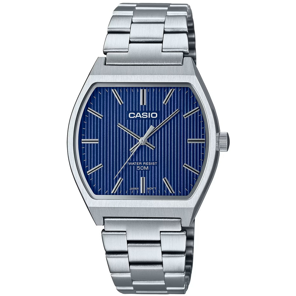 Blue dial men's analog watch with a sleek silver stainless steel band, combining timeless elegance and everyday comfort for any occasion.