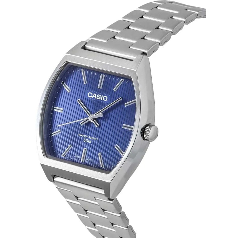 Blue dial men's analog watch with a sleek silver stainless steel band, combining timeless elegance and everyday comfort for any occasion.