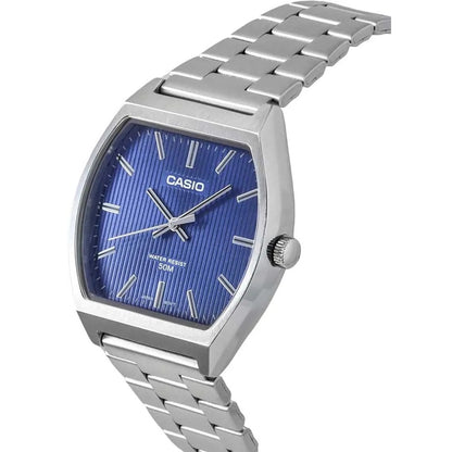 Blue dial men's analog watch with a sleek silver stainless steel band, combining timeless elegance and everyday comfort for any occasion.