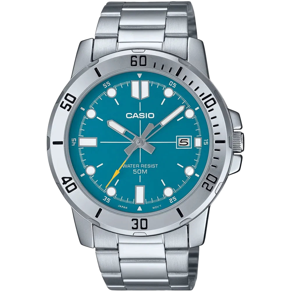 A Casio stainless steel wristwatch with a bright turquoise blue dial, silver-tone metal link bracelet, and a black rotating bezel, shown against a plain white background.