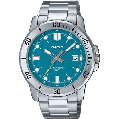 A Casio stainless steel wristwatch with a bright turquoise blue dial, silver-tone metal link bracelet, and a black rotating bezel, shown against a plain white background.