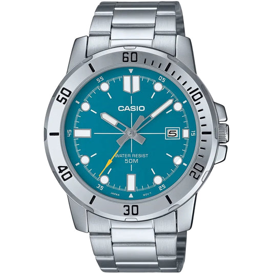 A Casio stainless steel wristwatch with a bright turquoise blue dial, silver-tone metal link bracelet, and a black rotating bezel, shown against a plain white background.