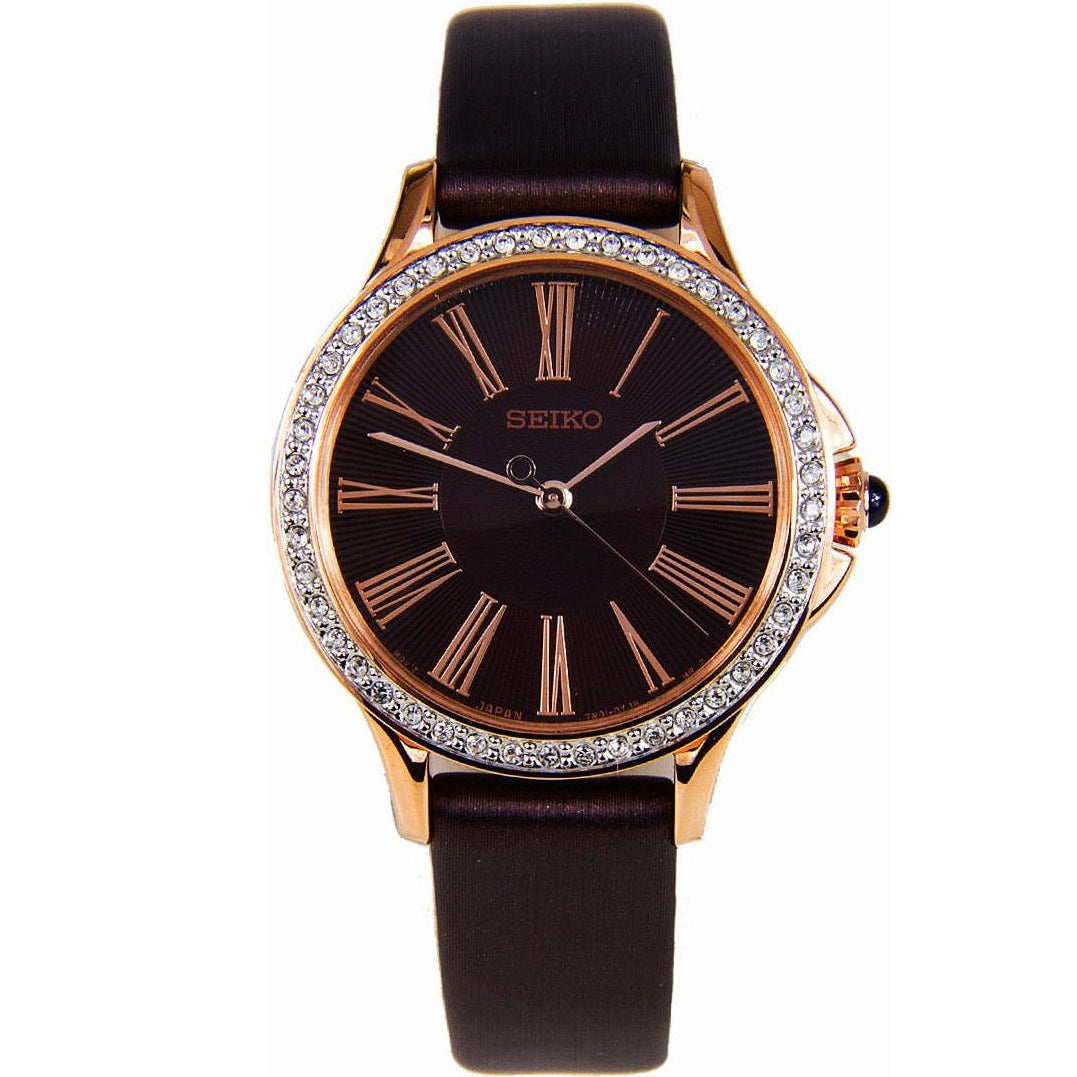 Seiko Swarovski Gold/Brown Dial Leather Strap Women's Analog Watch SRZ446P1