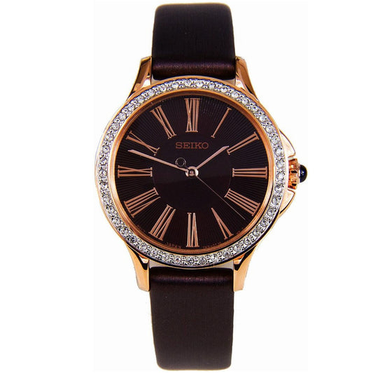 Seiko Swarovski Gold/Brown Dial Leather Strap Women's Analog Watch SRZ446P1
