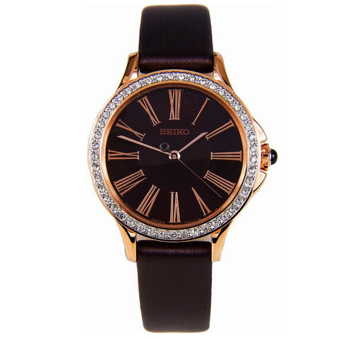 Seiko Swarovski Gold/Brown Dial Leather Strap Women's Analog Watch SRZ446P1