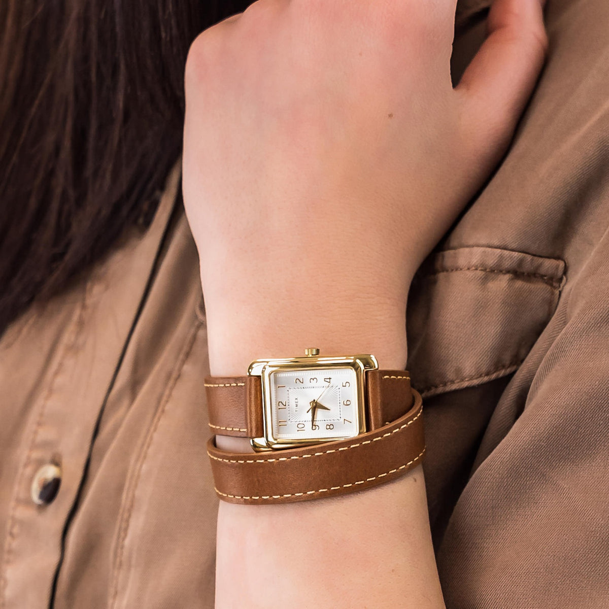 Timex Addison Silver Gold Tone/Brown Leather Double Wrap Women's Analog Watch