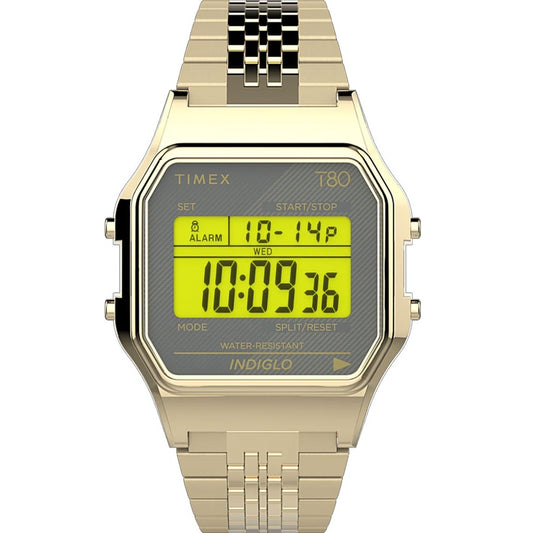 Timex T80 34mm Grey/Gold Bracelet Unisex Digital Watch TW2U93500